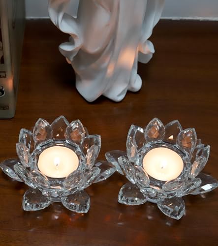 Crystal Lotus Flower Tealight Candle Holder Set of 2, Clear Glass Candlestick Holders, Pillar Votive Candle Holders for Table Centerpiece, Home Décor, Party, Wedding, Dinning