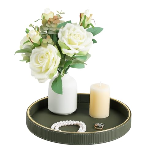 Round Decorative Tray for Coffee Table Decor, PU Leather Coffee Table Tray Golden Trim for Home Decor Living Room Dining Table, Perfume Trays Nightstand Organizer (Green) - color: Green