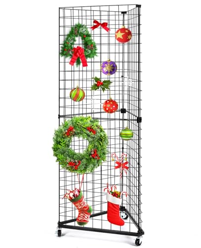 GADFISH Triangular Gridwall Panel Display Stand, Black Triangle Wire Grid Tower with Base and Casters, 24" x 68" Rolling Grid Wall, Panel Stand for Home Organization, Retail, Trade Show, Vendor