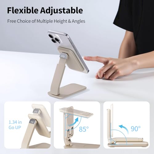 iWALK Magnetic Cell Phone Stand for Desk, Angle and Height Adjustable Mobile Phone Holder, Foldable Magnet Stand for iPhone 17 16 15 14 13 12 Pro Max and iPad, Cell Phone Holder, Light Brown - color: LightBrown
