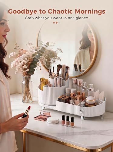 Booklov Rotating Makeup Caddy Organizer for Vanity, Large Capacity Cosmetic Display Case,Countertop Beauty Storage Holder for Skincare, Brush Eyeshadow Lipstick, Counter Desk Organization, White - color: White, size: L01