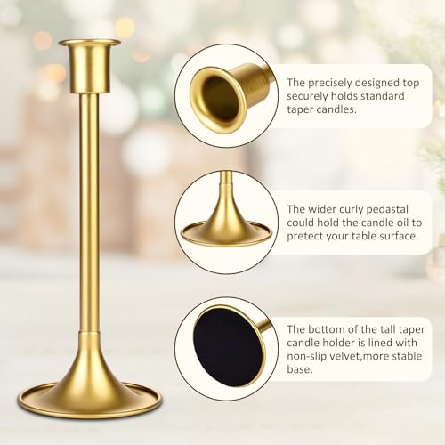 Gold Taper Candle Holders Set of 6 with Anti-Slip Pad Vintage Small Low Metal Candles Metal Candelabra Set for Weddings, Dinners & Parties, 3 Sizes (6, Lengthen Gold)
