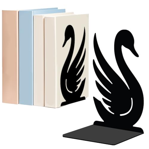 WADORN 1 Pair Swan Metal Decorative Bookend for Shelves, Heavy Duty Book Ends Modern Non-Skid Books Holder Stand Black Book Support Stoppers for Desk Bookshelf Office Home, 5.3x4.3x7.8 Inches - color: Swan