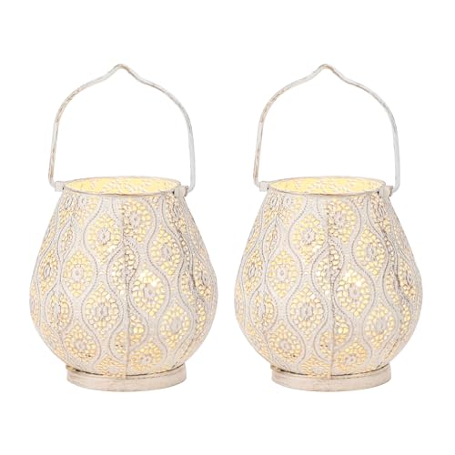 TRIROCKS Set of 2 Moroccan Decorative Lamps 8'' High Battery Powered Cordless Lamp Metal Table Lamps with Fairy Lights Bulb for Home Living Room Garden Yard Party Events Tabletop Indoor Outdoor(White) - color: White