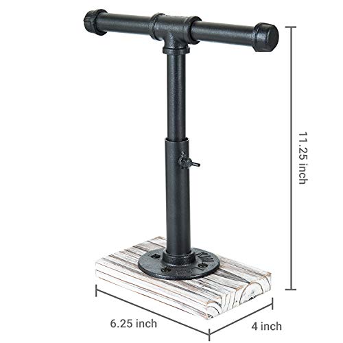 MyGift Industrial Pipe Black Metal T-Bar Adjustable Height Jewelry, Bracelet & Necklace Display Stand with Torched Wood Base - color: Black / Torched Wood