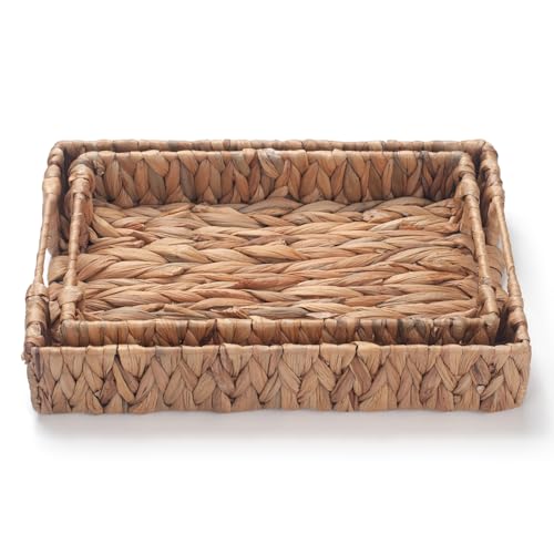 Water Hyacinth Rectangular Serving Tray for Coffee Table Natural Storage Baskets with Handles for Home and Kitchen Decor Set of 2