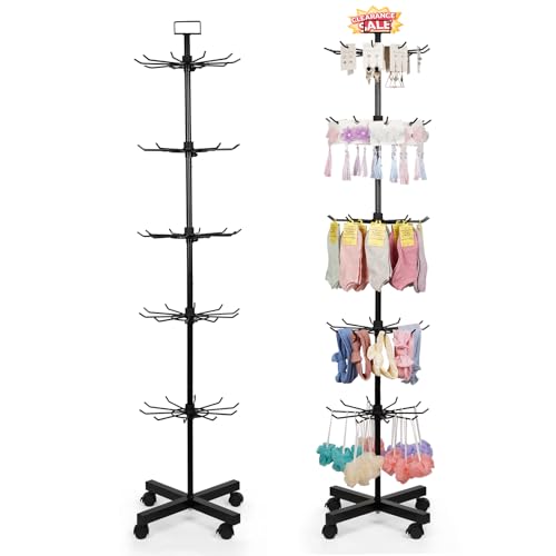 5-Tier Metal Spinning Display Stand Rack with Wheels, Black Iron, 50 Hooks, Lockable Wheels, Ideal for Jewelry, Accessories, Foods - color: Black