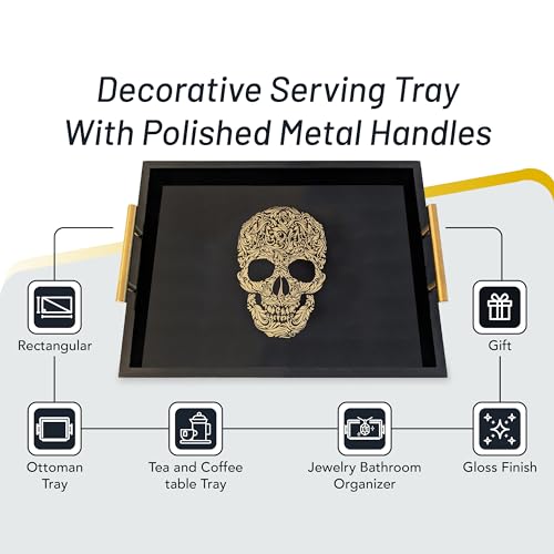 Gothic Skull Serving Tray with Gold Handles – Black Gloss Wooden Ottoman Tray for Coffee Table, Bar, or Kitchen – Elegant Gothic Decor & Unique Gift for Halloween, Horror & Alternative Style Lovers - style: SKULL