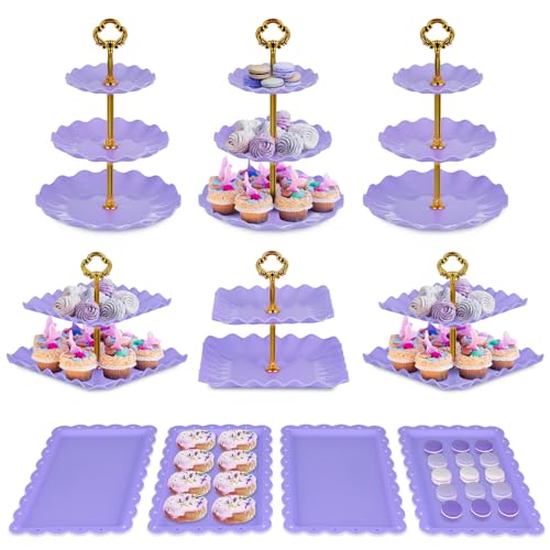 Pack of 10 NWK Cake Stand Set, with 3 x Two-Tier and 3 x Three-Tier Cupcake Stands, 4 x Appetizer Trays, 1 x Tablecloth for Birthday Bridal Baby Shower Party (Purple) - color: Purple