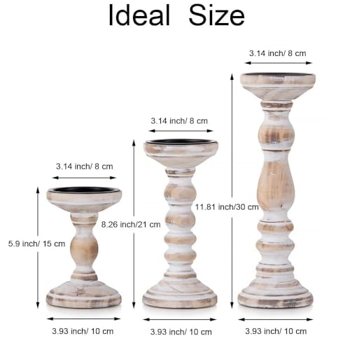 Wooden Pillar Candle Holder: Rustic White Candle Stand Wood Distressed Candleholders Farmhouse Fall Decor for Christmas Fireplace Mantle Dining Table Living Room Shelf Set of 3 - color: Rustic White, size: 5.9", 8.26", 11.81"