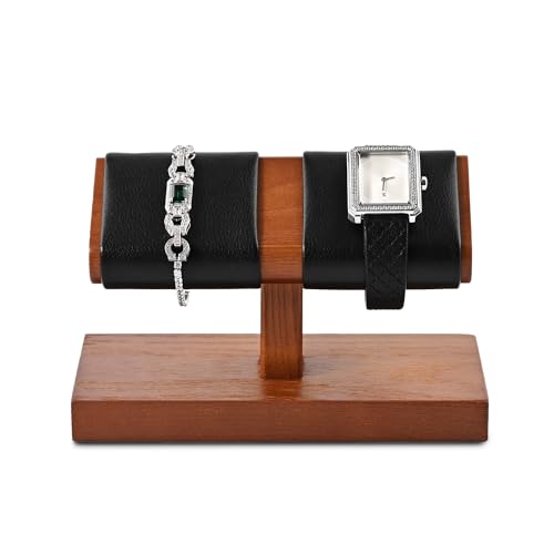 Solid Wood Watch Display Stand T-bar PU Leather Watch Stand Jewelry Holder For Men And Women Stand Organizer For Wristwatch/Bracelet/Storage Display Rack (Black) - color: Black, size: 2 Slots