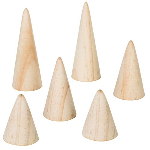 MyGift Wooden Ring Holder Set of 6 - Natural Wood Engagement & Wedding Jewelry Display Cone for Women, Men - Modern Triangular Freestanding Ring Organizer for Vanity, Retail (3 Sizes) - color: Natural Wood