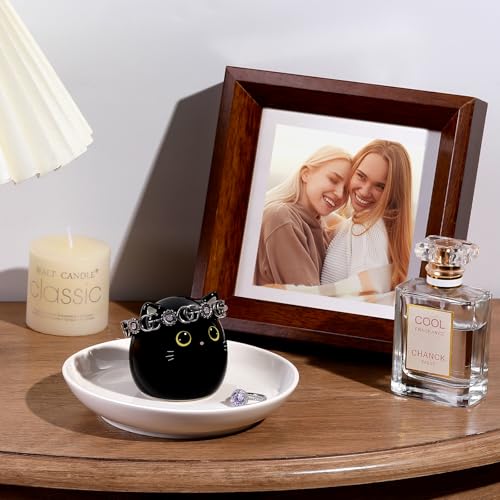 PUDDING CABIN Cat Lover Gifts for Women, Black Cat Ring Holder Dish for Jewelry Rings Earrings Necklace Watch Keys, Birthday Christmas Engagement Wedding Gifts - style: Black Kitty