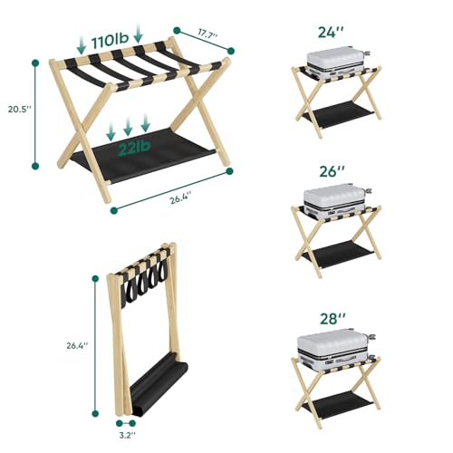 Smuxee Natural Bamboo Luggage Rack for Guest Room, Foldable Suitcase Stand with Storage Shelf, Easily Assembled Luggage Stand with 5 Nylon Straps for Guest Room Bedroom Hotel - color: Natural 1PCS
