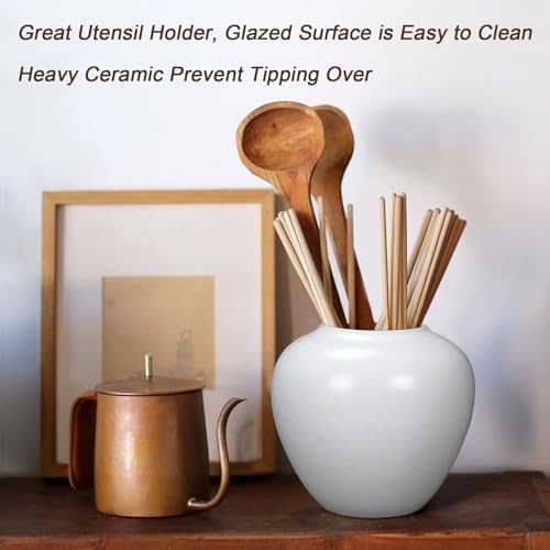 GeLive Short Round White Ceramic Vase Table Centerpiece Moon Jar Jingdezhen Handmade Pottery Vase Glossy Finish Planter Pot Waterproof for Fresh Dried Flower Home Decor Kitchen Utensil Holder - color: White