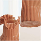 WDS WONDROUS Art Flower Vase for Kitchen Home Decor, Caramel Ruffled Glass Vase with Vertical Lines for Bouquet, Tall Vases for Flowers Table Centerpiece Dining Room, Housewarming Gift