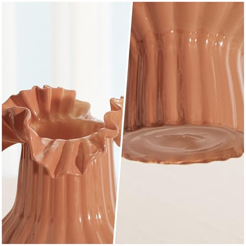 WDS WONDROUS Art Flower Vase for Kitchen Home Decor, Caramel Ruffled Glass Vase with Vertical Lines for Bouquet, Tall Vases for Flowers Table Centerpiece Dining Room, Housewarming Gift