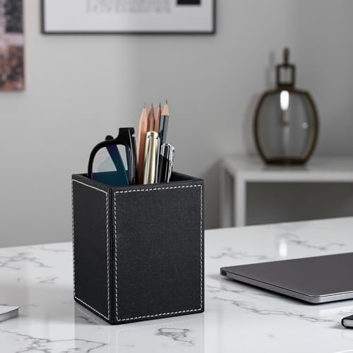 KINGFOM PU Leather Square Pens Pencils Holder Cup Desktop Stationery Organizer Case Office Accessories Container Box (black) - color: Black-s
