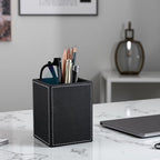 KINGFOM PU Leather Square Pens Pencils Holder Cup Desktop Stationery Organizer Case Office Accessories Container Box (black) - color: Black-s