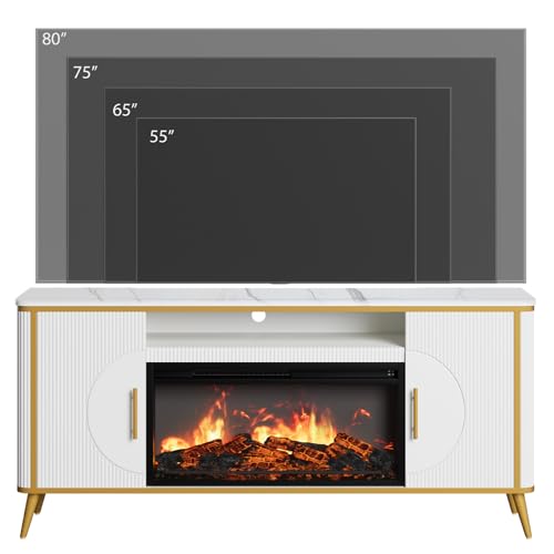 Fluted Fireplace TV Stand Up to 80" TVs, Modern Entertainment Center with 30" Electric Fireplace, Luxury Media Console with Adjustable Shelves for Living Room, White - color: White