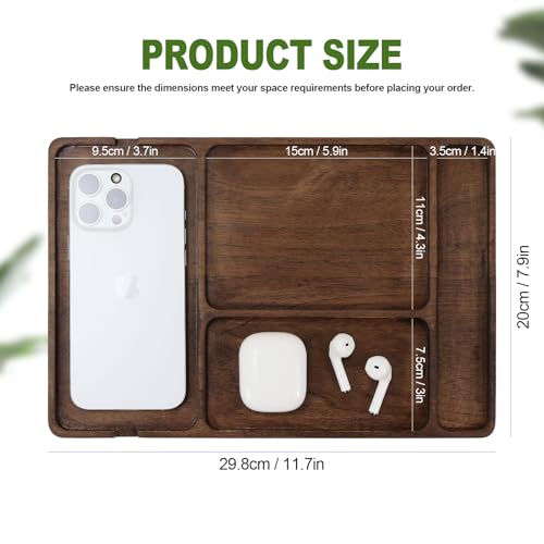 MultiBey Walnut Wood Valet Tray - Wooden Nightstand Organizer for Men Women, 4 Slot Desk Drawer Organizer Tray, EDC Catch All Tray with Cable Slot for Phone Watch Wallet Key Jewelry - color: Walnut