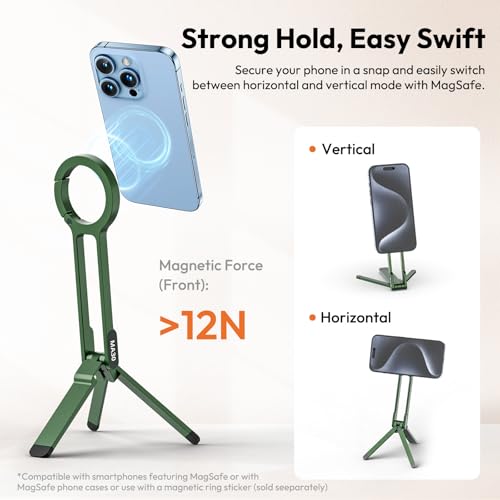 ULANZI MA30 Magnetic Phone Tripod Stand for iPhone - Aluminium Maglock Smartphone Mini Tripod Pocket Cell Phone Stand Strong Magnet Quick Mount Compatible with iPhone 17 16 15 14 13 12 Series, Green - color: Green
