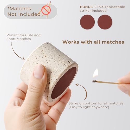 WORHE Travertine Stone Match Holder with Striker & Extra Striker Pad - 2.6" x 2" Decorative Matchstick Organizer for Fireplace, Candles, Parlor Cute Match Jar for Home Decor Gift, Matches Not Included - size: Small 2.6" x 2"