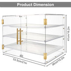 3-Tier Acrylic Pastry Display Case for Commercial Countertop, 360° View Bakery Cabinet with Gold Handle & Removable Trays, Clear Bread Storage Box for Donuts, Cookies & Cakes, 21" x 16" x 14"