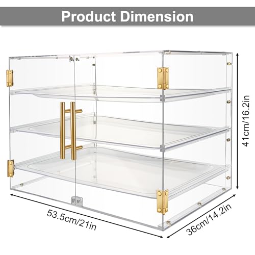 3-Tier Acrylic Pastry Display Case for Commercial Countertop, 360° View Bakery Cabinet with Gold Handle & Removable Trays, Clear Bread Storage Box for Donuts, Cookies & Cakes, 21" x 16" x 14"