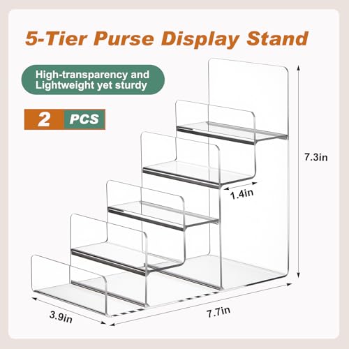Kathfly 2 Pack Acrylic Display Stand for Purses & Wallets, Clear Riser Organizer Shelf for Perfume, Sunglasses, Cosmetics, Tiered Countertop Vendor Display for Fairs, Retail (5-tier) - size: 5-tier