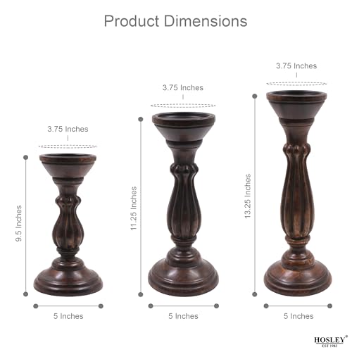 Hosley Set of 3 Dark Brown Wood Pillar Candle Holders 13 Inches 11 Inches and 9 Inches High Ideal for LED and Pillar Candles Gifts for Weddings Party Home Spa Reiki Aromatherapy - color: Dark Brown 1