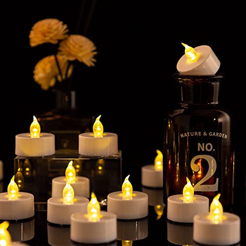 Hanzim Battery Tea Lights, 50 Pack LED Tea Light Candles 100 Hours Realistic Flickering Bulb Battery Operated Tea Lights for Seasonal Festival Celebration Electric Fake Candle in Warm Yellow - color: warm yellow, size: 50pack