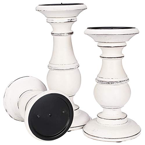 Candle Holders Set of 3 (10",8" & 6" Height)_White Antique,Pillar Candle Holder in Mango Real Wood,Decorative Candle Holders for Table Centerpiece, Wedding, Party, Home Décor, Spa, Farmhouse, Gifting - color: White Antique, size: 6"+8"+10" - High