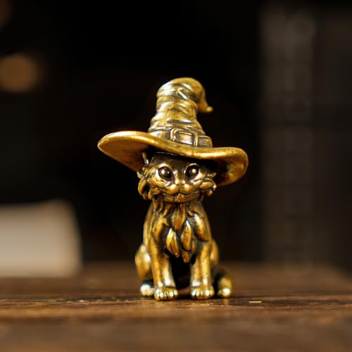 CHOVY Retro Handcrafted Witch Cat Ornament - 100% Solid Brass Desk Decor | Enchanting Feline Sculpture with Wizard Hat Unique Gift for Cat Lovers & Magic Enthusiasts - style: Wizard Cat