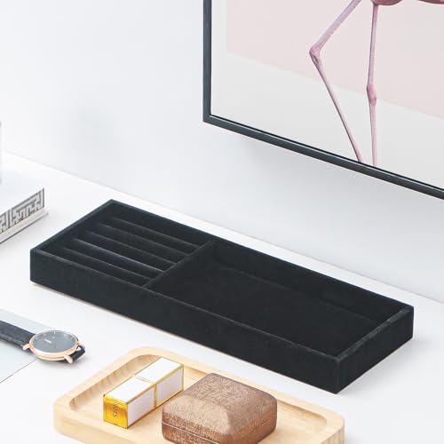 Divided Drawer Organizer - Velvet Jewelry Storage Tray for Necklace, Bracelet, Ring, Earring Display - Bedside Nightstand Desk Holder for Phone, Watch, Sunglasses, Cosmetics Storage - Black, 2 Grid - color: Black, size: Grid2