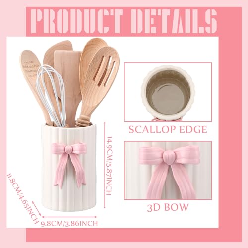 LemonRoad Pink Bow Ceramic Utensil Holder 3D Coquette Handmade Pink Kitchen Decor Mothers Day Kitchen Gifts Cooking Utensil Crock with Scalloped Preppy Caddy Pen Holder Vase for Countertop Spoon - color: Pink, style: Bow