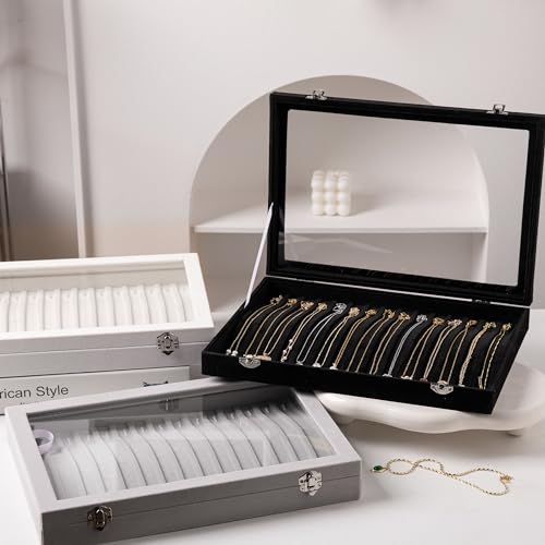 Frebeauty 15 Hooks Necklace Tray Velvet Neckalce Organizer with Clear Lid Lockable Necklace Holder Box Jewelry Organizer for Pendants Chains Necklace Jeweley Tray for Women Girls(Grey) - color: Grey