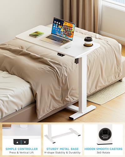 BIZUM Small Electric Standing Desk Bedside Table with Hidden Wheels 31.5 x 15.8 Inch Adjustable Computer Laptop Office Desk, White - color: White