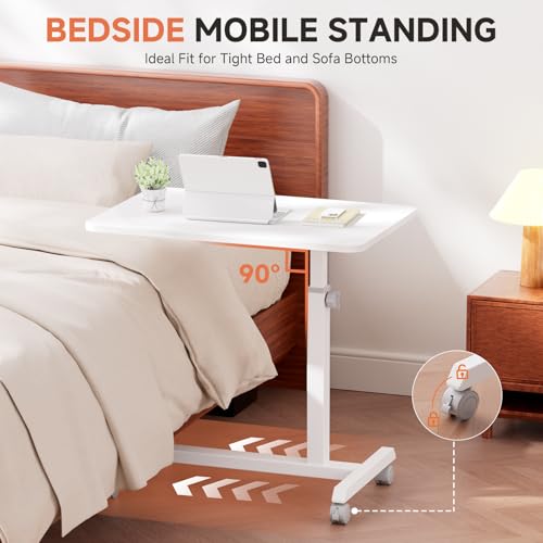 GTPLAYER Mobile Small Standing Desk, Sit Stand Portable Rolling Laptop Desk with Lockable Wheels, Adjustable Height Overbed Bedside Table Computer Workstations, White - size: 24x16in (Non-Tiltable)