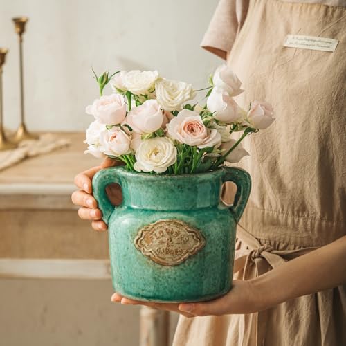 Green Rustic Ceramic Vase, 5.8 Inch Distressed Wide Mouth Vase with Ice Cracked Glazed, Farmhouse Vintage Flower Vases for Home Office Decor Living Room Bedroom Table Centerpiece Decorations - color: Green