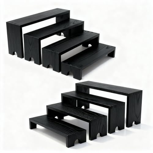 Wooden Display Stand Wood Tiered Racks, 2 Set 8 Piece Wood Display Shelf for Cupcake,Jewelry,Card, Vendor Events, Table Shelves Wooden Riser Organizer Dessert Showcase-Black - color: Black