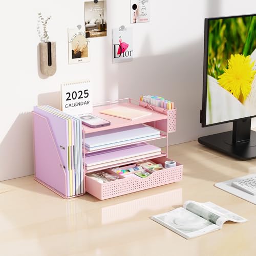 gianotter Wood Desk Organizers and Accessories with File Holder, 4-Tier Desk Accessories & Workspace Organizers with Drawer and Pen Holder, Paper Organizer for Office Supplies (Pink) - color: Pink