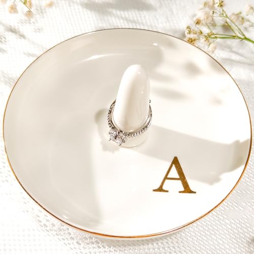 Ceramic Initials Jewelry Tray Ring Dish With Personalized A-Monogrammed Engagement Wedding Gifts, for Birthday Mother's Day for Women, Ceramic White 4.7" x2.4" - style: A