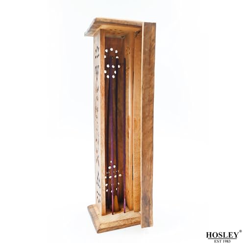 Hosley Hand-Carved Wooden Incense Stick Holder Tower – Tall Decorative Burner Box with Hinged Door for Aromatherapy, Meditation, Yoga, Home & Office Décor (Includes 20 Incense Sticks) - color: Brown