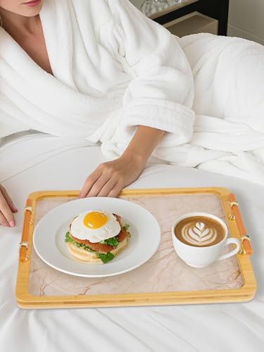 JUPELI 16" x 12" Bamboo Serving Tray with Handles – Marble Pattern Decorative Rectangle Tray for Coffee Table, Kitchen, Vanity, Bathroom, or Ottoman – Perfect for Bread Food Fruit Display & Storage - style: 1 PACK-Square-15.5" X 11.5"