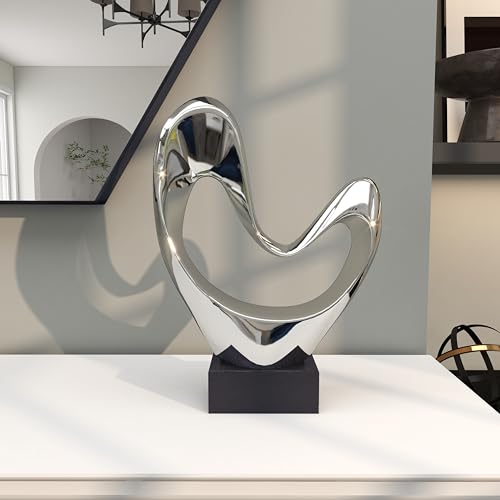 Deco 79 Polystone Abstract Decorative Sculpture Heart Home Decor Statue with Black Base, Accent Figurine 10" x 5" x 14", Silver