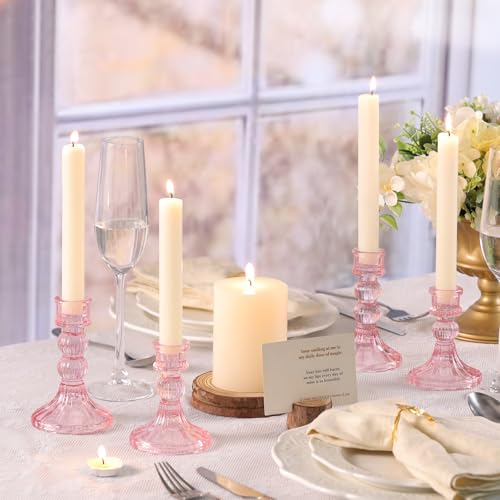 DARJEN 6Pcs Pink Candlestick Holders Set - 4" H & 5" H Striped Taper Candle Holders Bulk, Glass Candle Holders for Wedding, Festival, Party, Table Centerpiece, Gifts - color: Pink, size: Striped Pattern