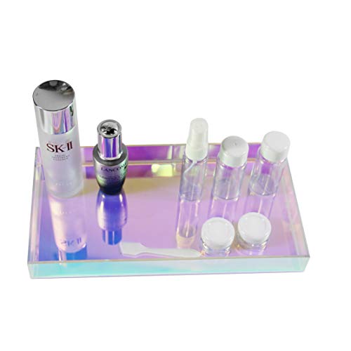 Iridescent Acrylic Tray 10.5" x 5.5", Vanity Tray for Dresser with Non-Slip Base, Small Bathroom Countertop Organizer for Makeup Perfume Jewelry, Cute Aesthetic Gift for Women, Purple