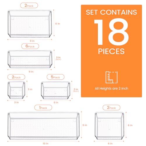 Criusia Drawer Organizer, 18 Pack Large Clear Plastic Kitchen Drawer Organizers Set, 6 Size Versatile Bathroom and Vanity Drawer Organizer Trays, Storage Bins for Makeup, Bedroom, Kitchen Utensils - size: 18PACK