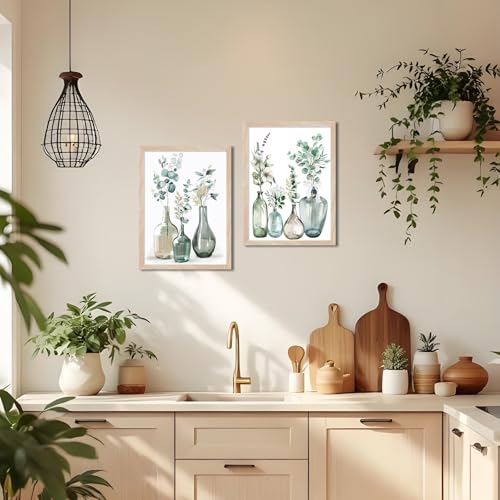 Boho Plant Wall Art Green Botanical 2Pcs Bohemain Framed Wall Printing Neutral Canvas Prints with Eucalyptus Leaf and Glass Bottle Sage Green Wall Decor For Kitchen Dining Room Living Roon Bathroom 16x20IN - color: Plant kitchen Framed, size: 20"L x 16"W